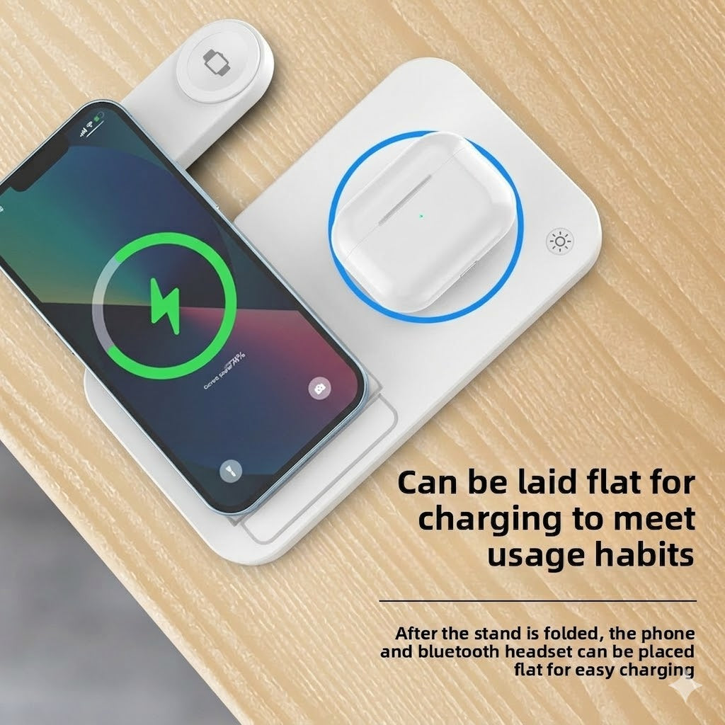 Foldable Wireless Charger 4 in 1, 15W, for iPhone, Samsung, Watch, Headphones, Black/White, Compact, Safe