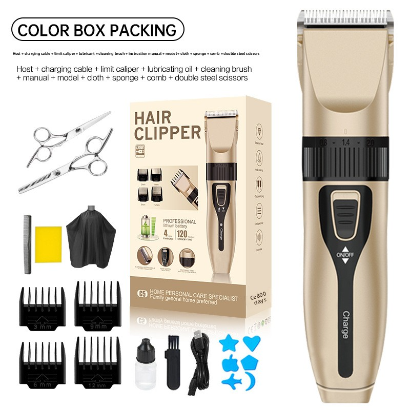 Hairdresser for adults, rechargeable, stainless steel/ceramic blade, complete set of accessories, gold, high power, 1-3h autonomy