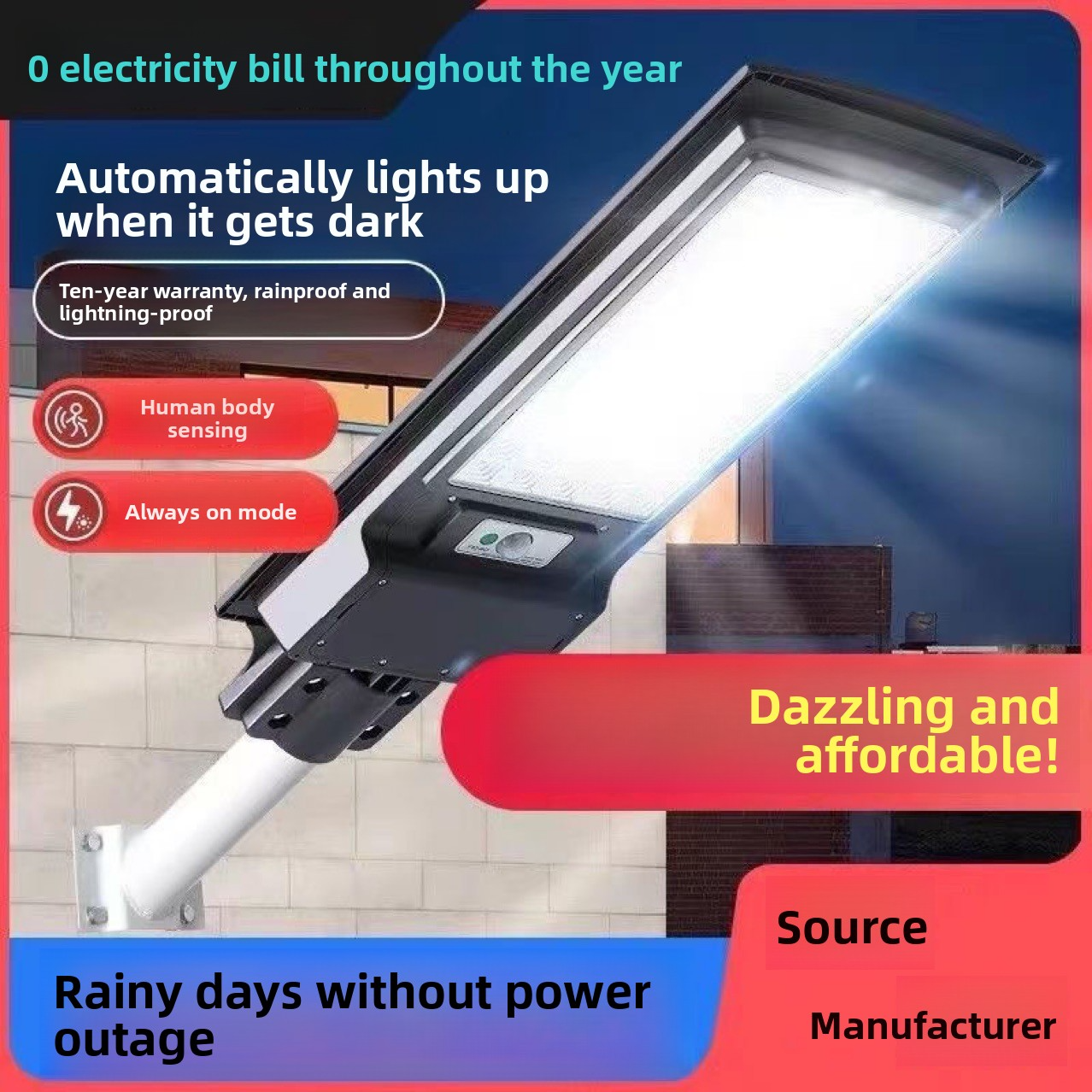 Outdoor LED Solar Lamp with Motion Sensor, 20W-40000W, IP67, for Courtyard and Garden