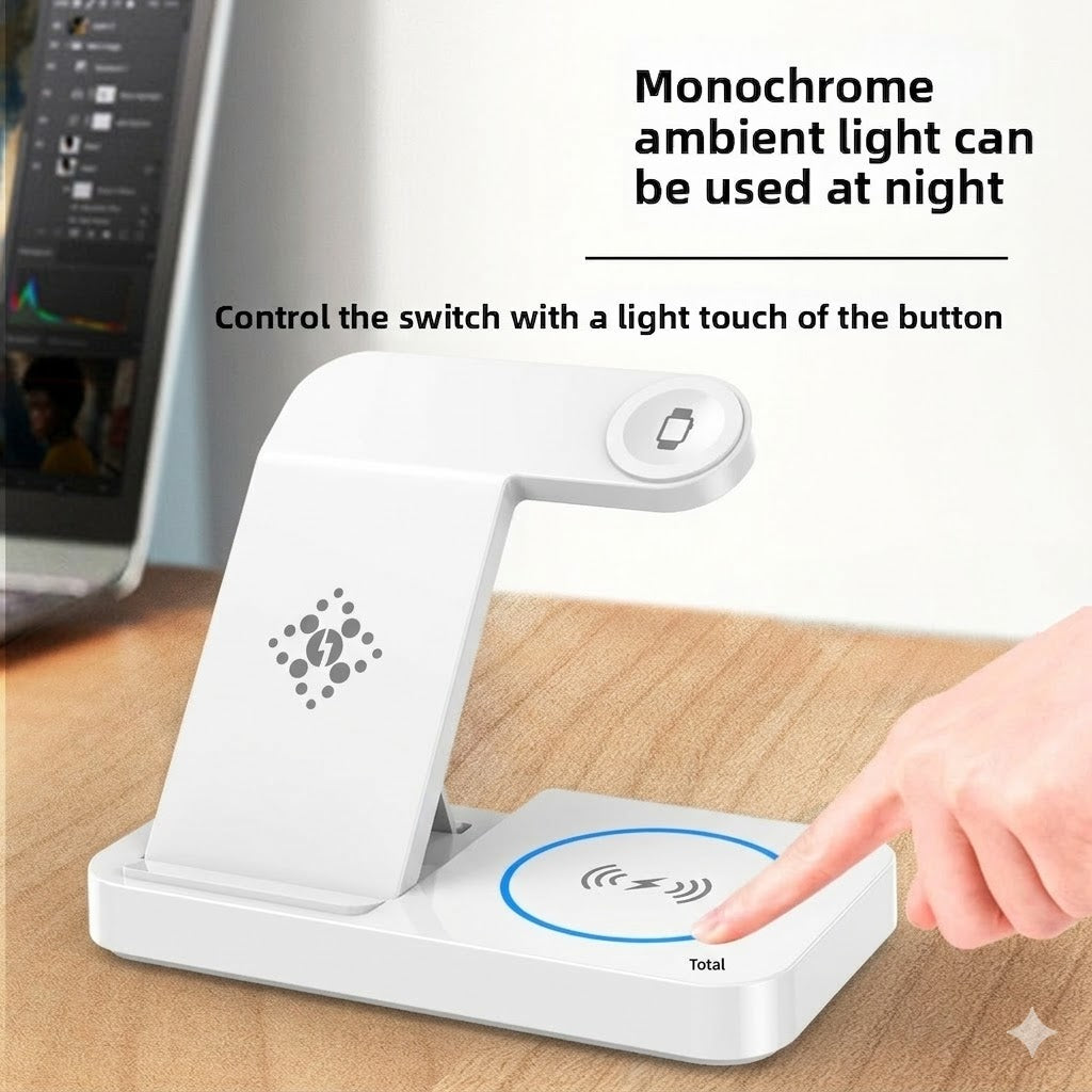 Foldable Wireless Charger 4 in 1, 15W, for iPhone, Samsung, Watch, Headphones, Black/White, Compact, Safe