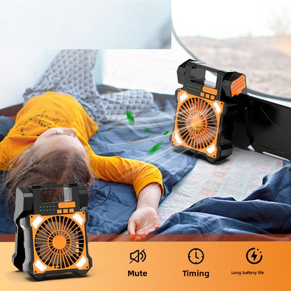 Solar Camping Fan, 6000mAh, 4-Speed Quiet, 90° Adjustable, LED+Compass, USB Power Bank, Solar Charge – More Features than DEWALT, Save Big