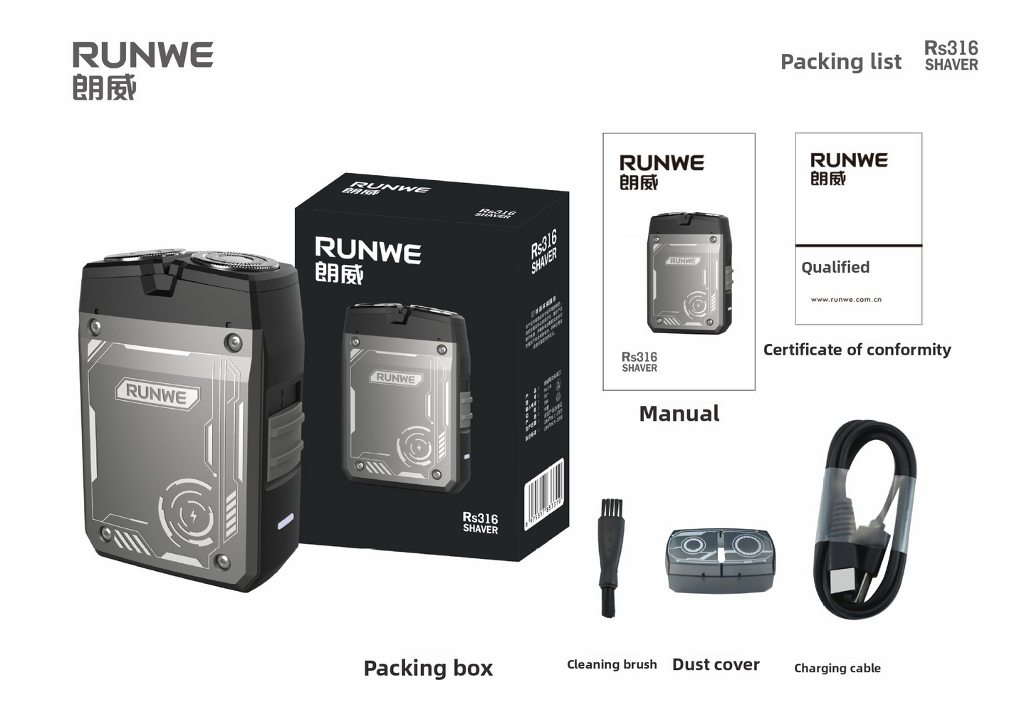 Electric shaver with 2 rotating heads, 3D flexible, fast charging Type-C, LED, water resistant, mini portable, black
