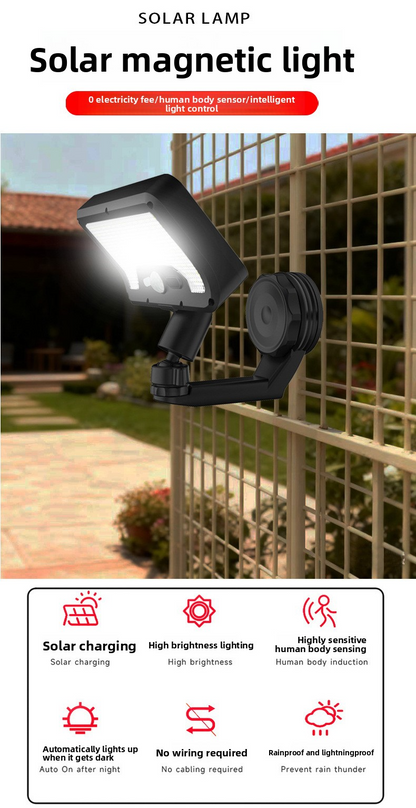 Solar Magnetic Light, Human Body Sensor, IP65 Waterproof, Super Bright, No-Drill Install, Outdoor Garden Wall Lamp