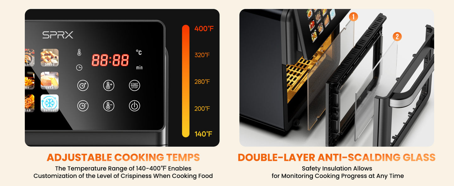 New multi-functional visual air fryer, air fryer and oven combo, touch control, large capacity 4L - 25L available, three-dimensional hot air baking, global voltage for European, American and British standards, stainless steel inner pot, 12-month warranty.