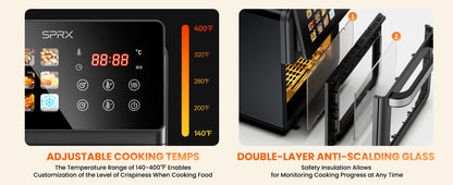 New multi-functional visual air fryer, air fryer and oven combo, touch control, large capacity 4L - 25L available, three-dimensional hot air baking, global voltage for European, American and British standards, stainless steel inner pot, 12-month warranty.