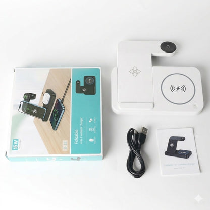 Foldable Wireless Charger 4 in 1, 15W, for iPhone, Samsung, Watch, Headphones, Black/White, Compact, Safe