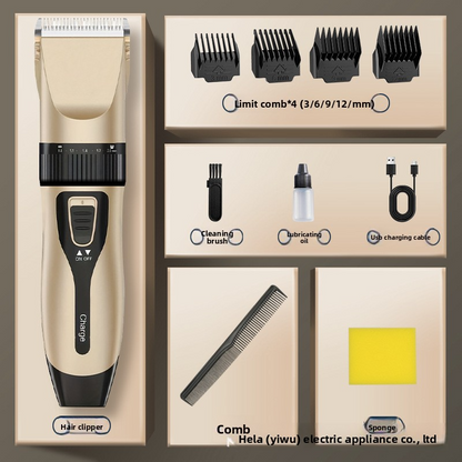 Hairdresser for adults, rechargeable, stainless steel/ceramic blade, complete set of accessories, gold, high power, 1-3h autonomy