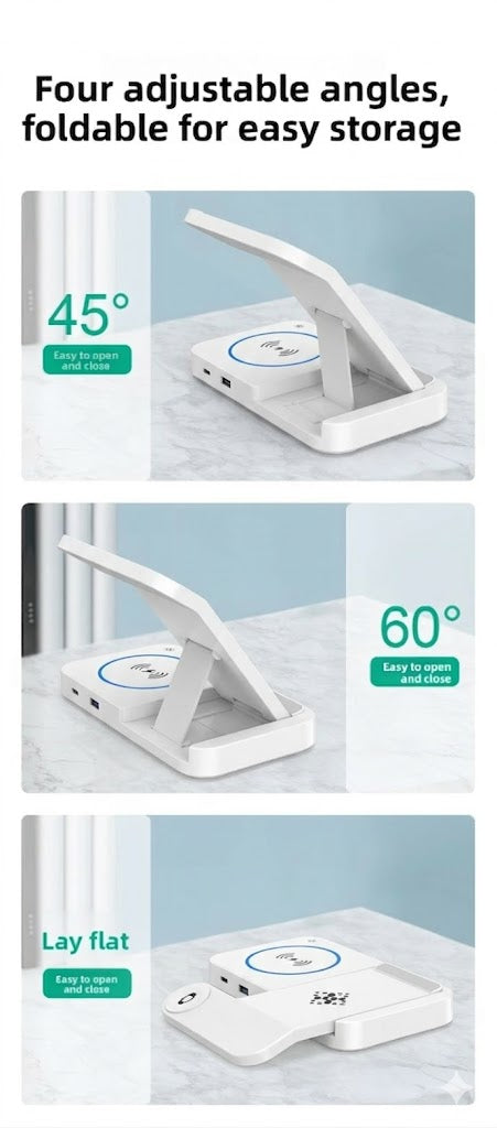 Foldable Wireless Charger 4 in 1, 15W, for iPhone, Samsung, Watch, Headphones, Black/White, Compact, Safe