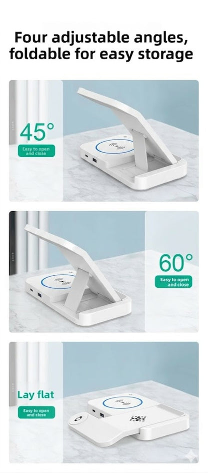Foldable Wireless Charger 4 in 1, 15W, for iPhone, Samsung, Watch, Headphones, Black/White, Compact, Safe