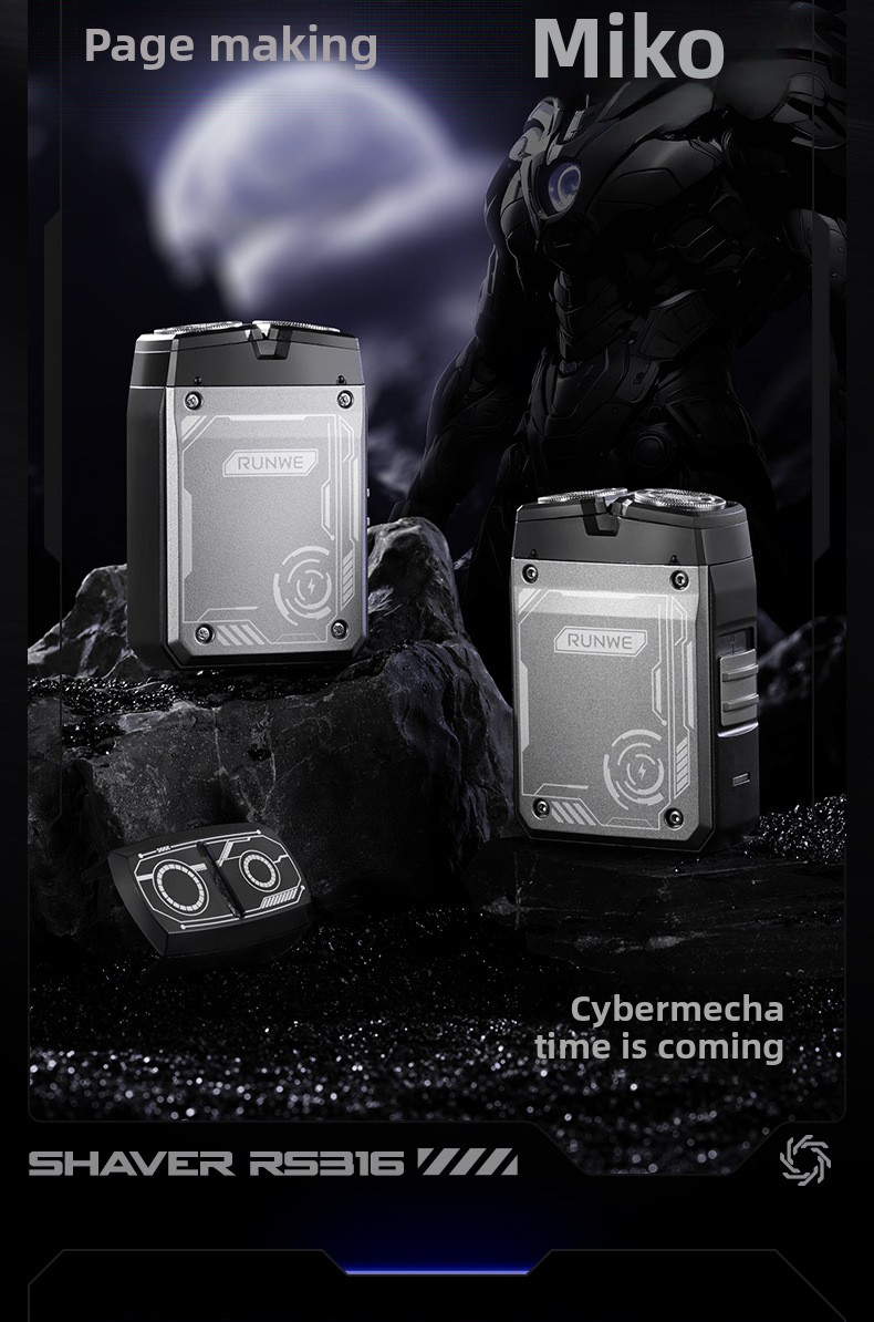 Electric shaver with 2 rotating heads, 3D flexible, fast charging Type-C, LED, water resistant, mini portable, black