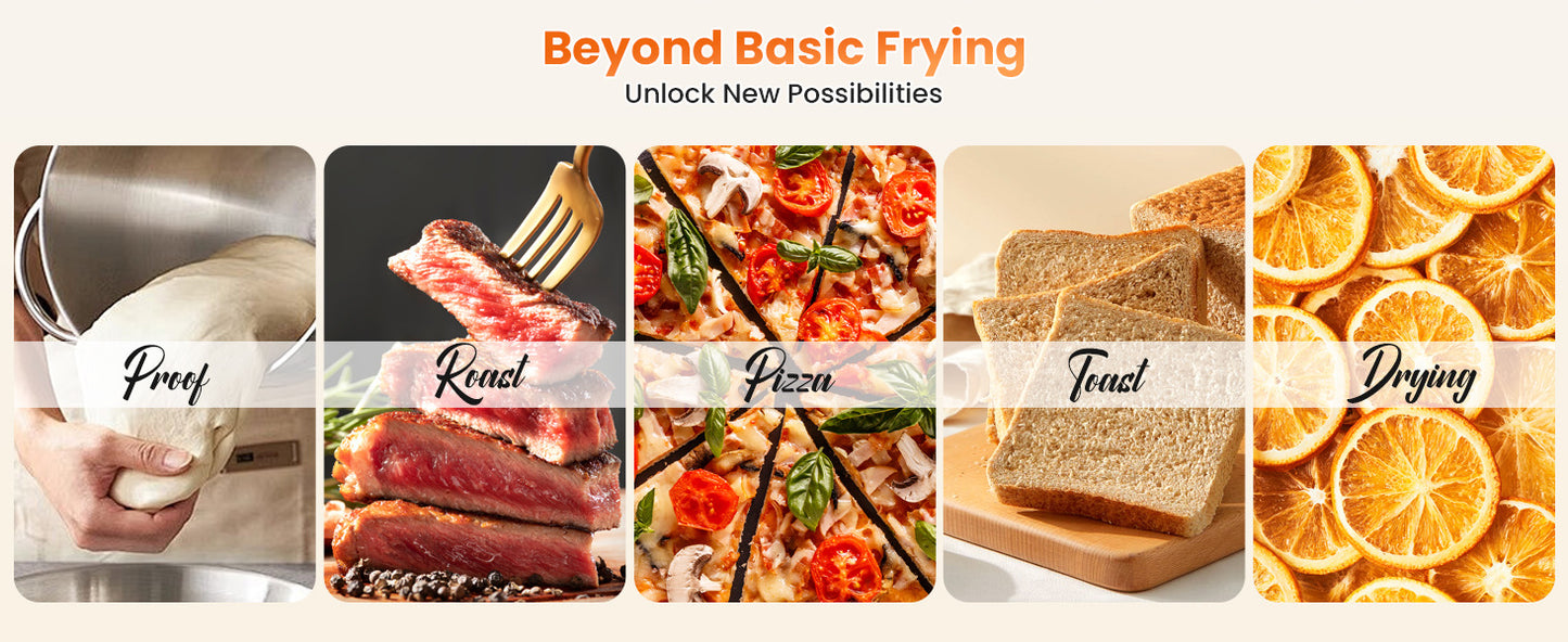 New multi-functional visual air fryer, air fryer and oven combo, touch control, large capacity 4L - 25L available, three-dimensional hot air baking, global voltage for European, American and British standards, stainless steel inner pot, 12-month warranty.