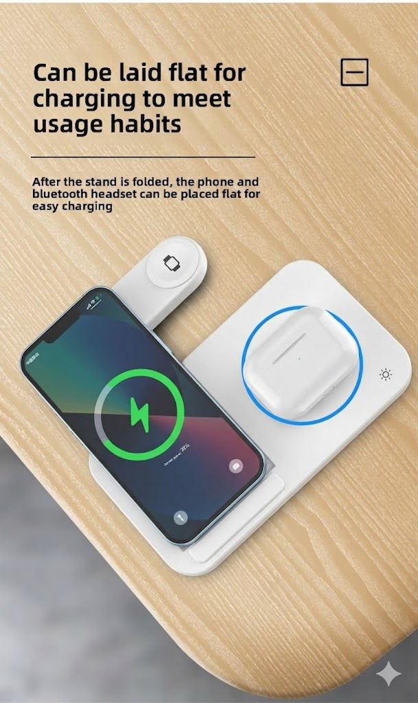 Foldable Wireless Charger 4 in 1, 15W, for iPhone, Samsung, Watch, Headphones, Black/White, Compact, Safe