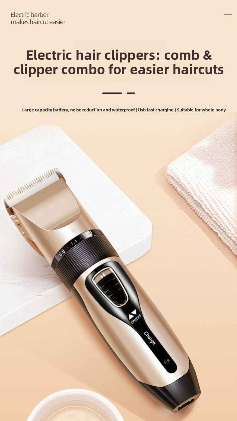 Hairdresser for adults, rechargeable, stainless steel/ceramic blade, complete set of accessories, gold, high power, 1-3h autonomy