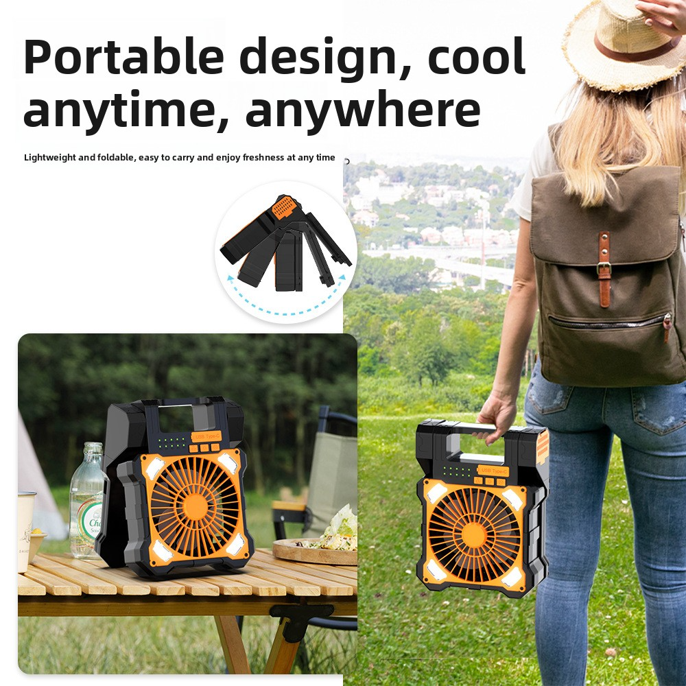 Solar Camping Fan, 6000mAh, 4-Speed Quiet, 90° Adjustable, LED+Compass, USB Power Bank, Solar Charge – More Features than DEWALT, Save Big
