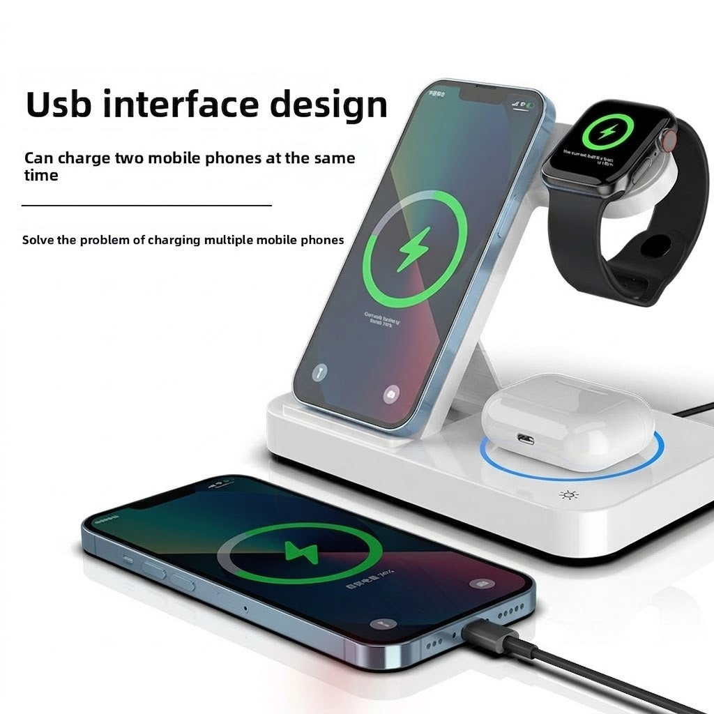 Foldable Wireless Charger 4 in 1, 15W, for iPhone, Samsung, Watch, Headphones, Black/White, Compact, Safe
