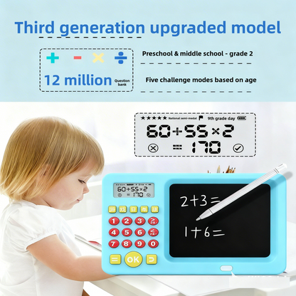 LCD writing tablet for math, reusable screen 8.5 inches, exercises mental calculation, educational gift children 7-14 years, rechargeable battery, blue