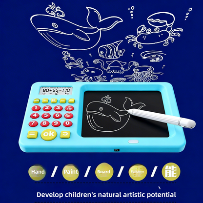 LCD writing tablet for math, reusable screen 8.5 inches, exercises mental calculation, educational gift children 7-14 years, rechargeable battery, blue