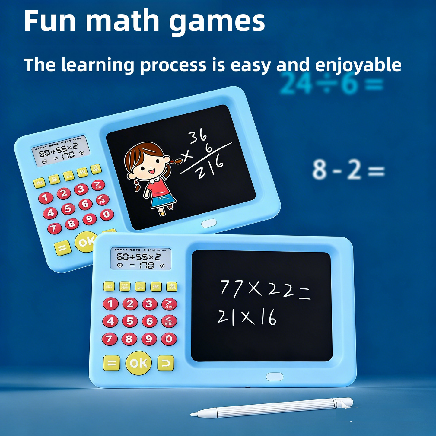 LCD writing tablet for math, reusable screen 8.5 inches, exercises mental calculation, educational gift children 7-14 years, rechargeable battery, blue