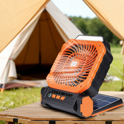 Solar Camping Fan, 6000mAh, 4-Speed Quiet, 90° Adjustable, LED+Compass, USB Power Bank, Solar Charge – More Features than DEWALT, Save Big