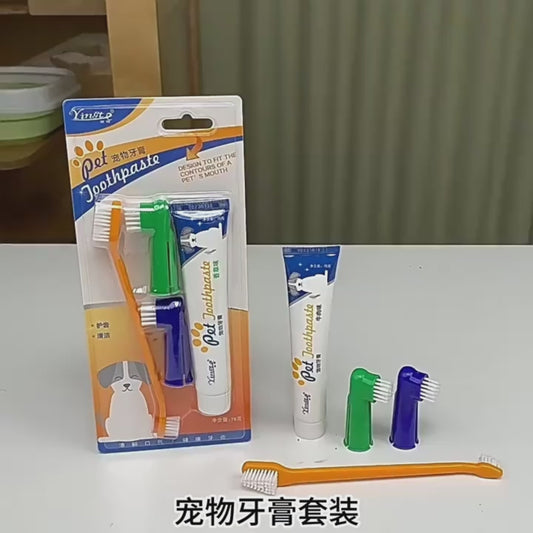 Set igienă orală câini pisici, pastă de dinți + degetar, aromă vanilie/vită, elimină respirația urât mirositoare, 70g