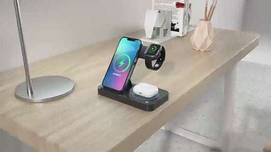 Foldable Wireless Charger 4 in 1, 15W, for iPhone, Samsung, Watch, Headphones, Black/White, Compact, Safe