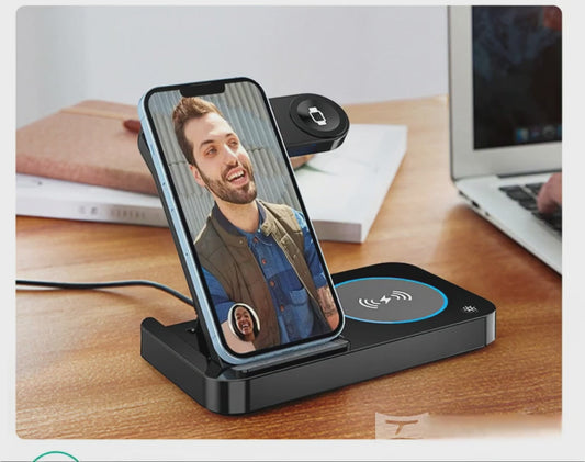Foldable Wireless Charger 4 in 1, 15W, for iPhone, Samsung, Watch, Headphones, Black/White, Compact, Safe